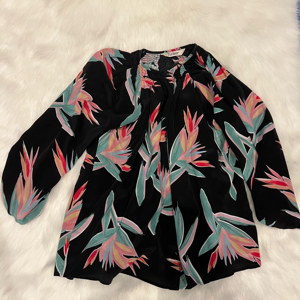 Tucker Pink and Blue Graphic Blouse with Mandarin Collar
